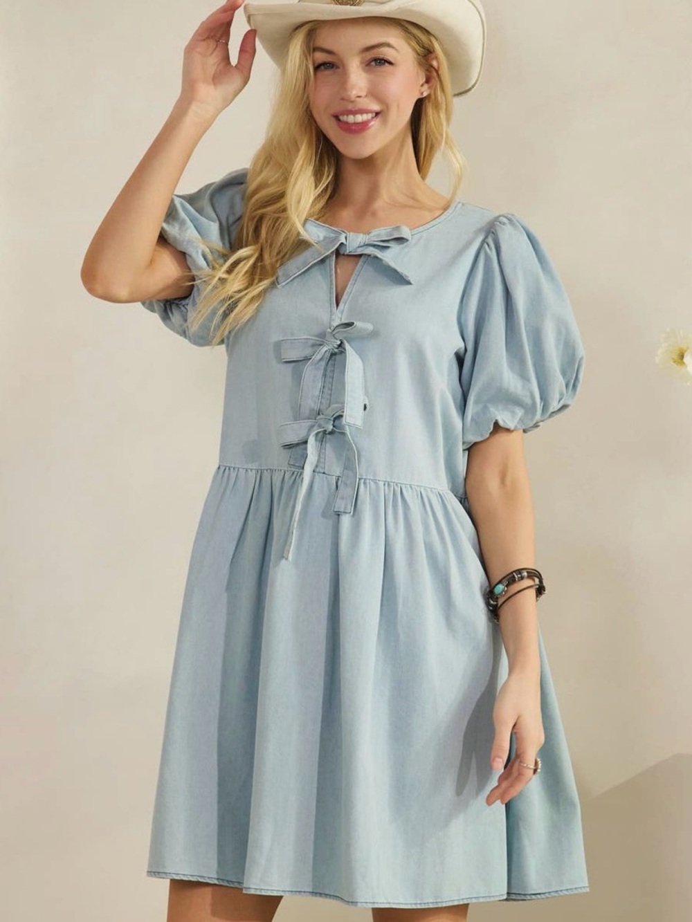 New Sage+Fig Light Blue Tie-Front Puff Sleeve Mini Dress S/M/L